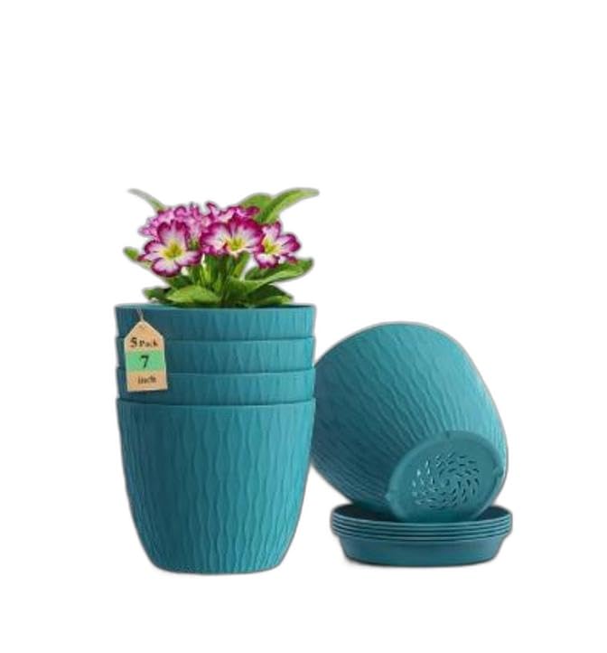 7 Inch Plastic Flower Pots for Home Garden – Set of 5 | Decorative Planters with Bottom Tray & Drainage | Indoor Outdoor Plant Pot Set (Blue Colour)-image-23