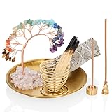 ZenBless 7 Chakra Healing Crystal Tree Incense Holder Palo Santo Sage Burner Brass Ash Catcher for Incense Sticks Coil Cones Yoga Meditation Zen Spiritual Room Home Decoration (Round)