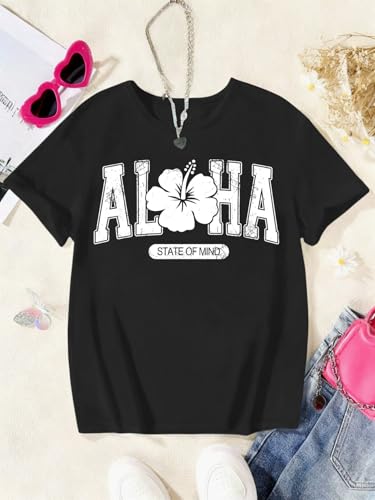 Image of SHENHE Girl's Summer Hawaiian Shirt Aloha Tropical Graphic Cute Crewneck Short Sleeve T Shirts Teen