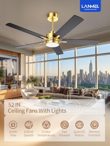 Image of LANMEL 52'' Black and Gold Ceiling Fans with Lights and Remote, 6 Speed Low Profile Modern Ceiling Fan with Quiet DC Motor for Indoor Outdoor Bedroom Living Room