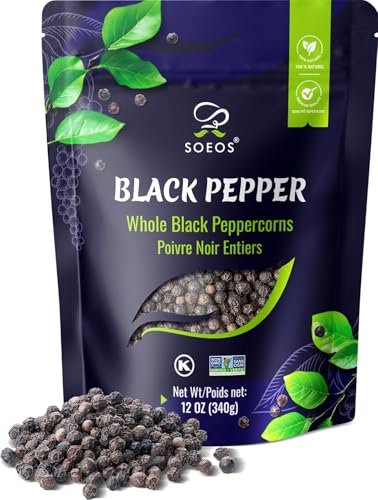Soeos Black Peppercorns, 12oz (Pack of 1), Whole Black Pepper, Non-GMO, Kosher, Freshly Peppercorn Bulk, Packed to Keep Peppers Fresh, Ready to Use PepperCorns for Grinder Refill