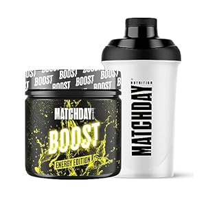 Matchday Boost Energy + Shaker I 400 g Pre-Workout Booster: 200 mg Caffeine, Beta-Alanine, Creatine – Top Concentration and Performance I Isomaltulose for Stable Blood Sugar Levels