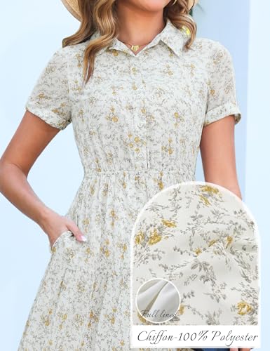Image of Kranda Women 2026 Summer Collared V Neck Short Sleeve Button Down Chiffon Long Tiered Floral Maxi Dress with Pockets