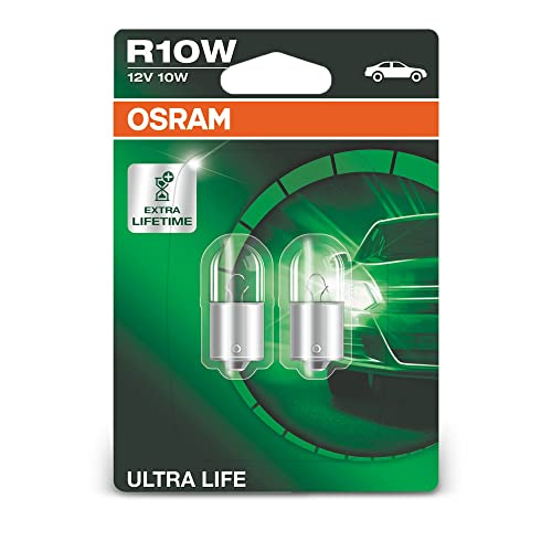 OSRAM ULTRA LIFE R10W, Lámpara halógena, luz trasera, luz de matrícula, de estacionamiento y de posición, 5008ULT-02B, automóvil de 12 V, ampolla doble (2 unidades)