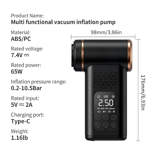 makecatch 5-in-1 Portable Tire Inflator and Car Vacuum Cordless, 150PSI Smart Air Compressor with Auto Shut-Off, Powerful Suction Handheld Vacuum for Pet Hair, Blower Function, LED Light