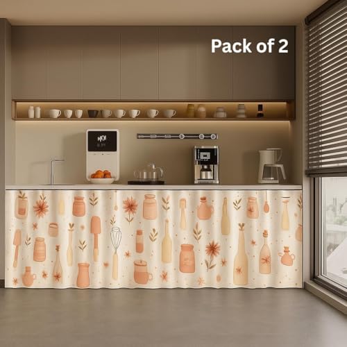 Image of Premium Printed Kitchen Sink Curtain with Rod Pocket | Under Sink Storage Cover | Washable Dustproof Cabinet Curtain for Kitchen Counter, Wash Basin (Pink Flower, Pack of 2)