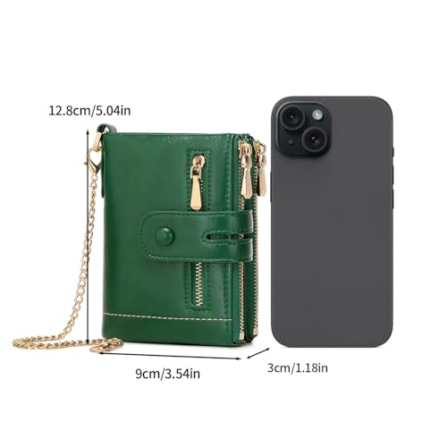 Image of AOXONEL Wallets for Women Small Rfid Bifold Leather Ladies Wallet,Travel Billfolds Medium Size Card Holder with Removable Wristlet Chain,Multi-Card Slots,ID Window,Double Zipper Coin Pocket (Green)
