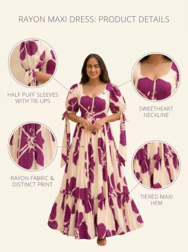 Image of Modestouze Attires Women's Floral Pattern Rayon Blend Maxi Dress with Sweetheart Neck Half Puff Sleeve Floor Length and Zipper Closure Type | Maxi Dress for Women Stylish | Dress for Women