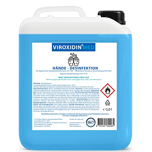 Viroxidin Med Desinfektionsmittel für Hände 5l - Zur hygienischen Händedesinfektion - Begrenzt Viruzid PLUS gem. EN 14776 - Hygienische Handdesinfektion gegen Bakterien, Viren & Pilze