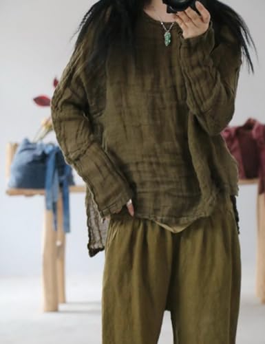 Womens Linen Blouse Textured Tunic Long Sleeve High Low Gauze Shirt Casual Pullover Tops4