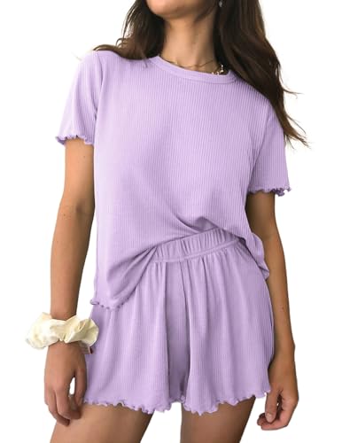 Image of Ekouaer Womens Pajamas 2 Piece Ribbed Knit Pjs Short Sleeve Sleepwear Set Summer Soft Pajamas Set Casual Lounge Sets