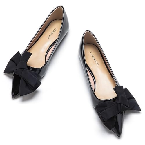 C.Paravano Pointy Bow Flats Women's Flats Comfortable Stylish Slip-On Shoes for Casual and Office（Black, Size 8