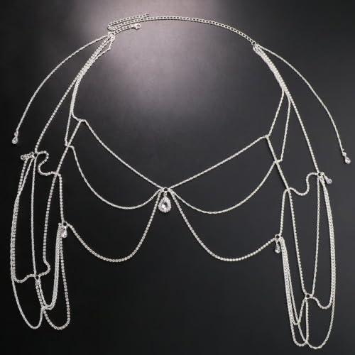 Collar de cuerpo multicapa con borlas de cristal que realza los hombros y brazos de la mujer 3