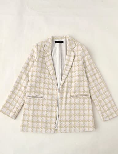 Merokeety Women's Long Sleeve Lapel Collar Woolen Blazer Coat Houndstooth Plaid Jacket With Pockets, Khaki, L #TOP4