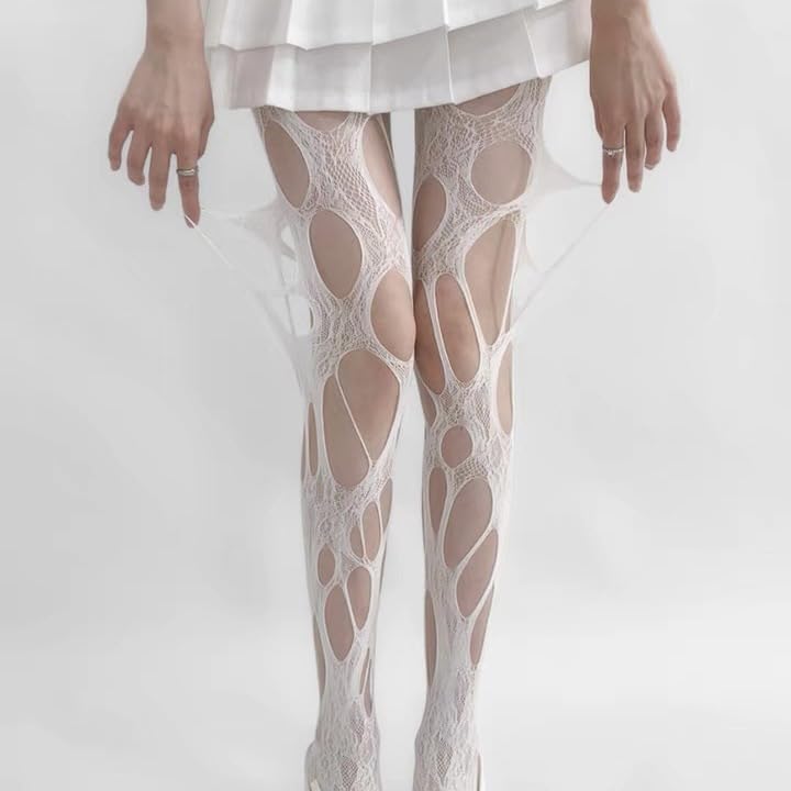 mdgfge 2 Pair Women Fishnet Ripped Tights Irregular Distressed Sexy Big Hole Mesh Thigh-High Stockings Lace Sheer Y2k Pantyhose for Halloween Cosplay Masquerade Party Outfit Accessories 7