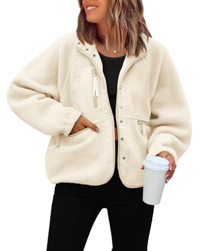 ReachMe Womens Sherpa Jacket Casual Lapel Button Down Cropped Fuzzy Fleece Jackets Long Sleeve Winter Coats with Pockets(Beige,M)