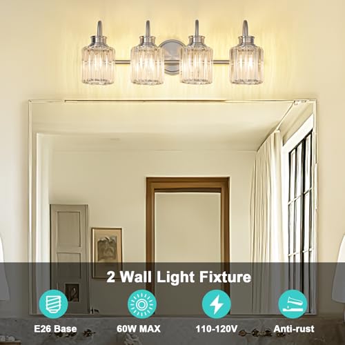 Image of Brushed Nickel Bathroom Light Fixtures with K9 Crystal Lampshade Bathroom Lighting Over Mirror Vanity Lights for Living Room,Bedroom,Restroom,Hallway 4 Lights