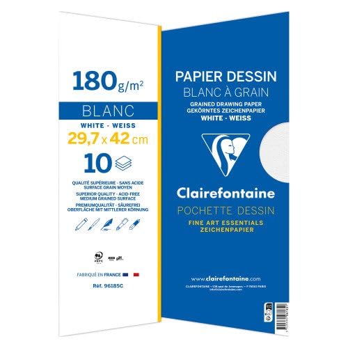 Pochette de 10 feuilles de Papier Dessin blanc à Grain, 180 g/m², A3 - Lot de 10