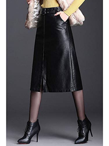 ebossy Women's High Waisted Split Slit Hem A-Line Faux Leather Midi Skirt2