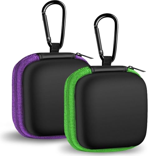 Woyinger 2Pack Square Earbud Case Portable EVA Carrying Case Storage Bag Cell Phone Accessories Organizer with Carabiner for Earphone, Earbud, Earpieces, SD Memory Card, Camera Chips-Purple/Green