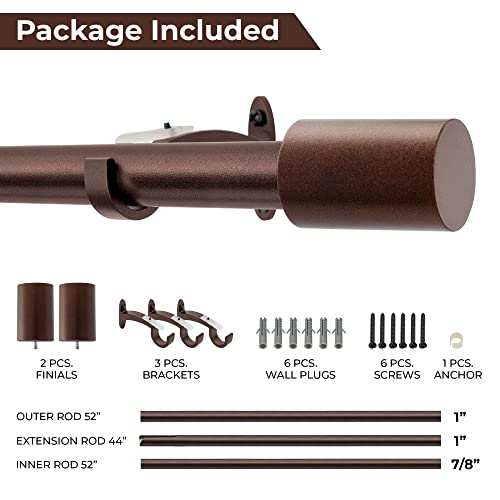 Image of Deco Window Extendable Curtain Rod for Door & Windows Adjustable Length Heavy Duty Iron Telescopic Drapery Pole with Barrel Finials (1 inch Diameter) (52 inch-144 inch, Brown)