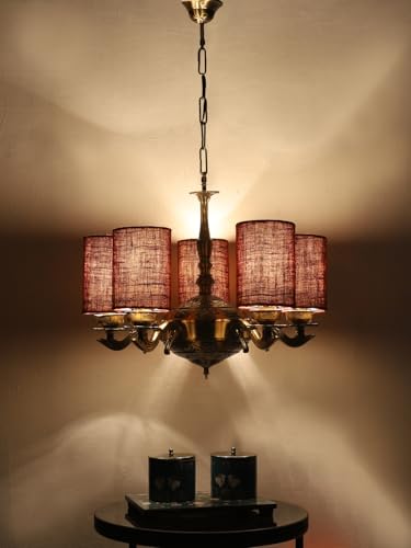 Image of Devansh 05 Lights Maroon Jute Round Shade with Antique Golden Chandelier