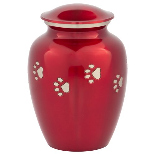 Red with Silver Paw Prints Large Pet Cremation Urn for Ashes, Brass, Red Pet Urn, Dog Urn, Cat Urn, Large Sized Pet Urn, 7 Inches High