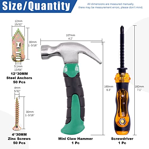 Glarks 52PC Self-Drilling Anchors with Screws Kit: 50PC Drywall Anchors, 1PC Mini Hammer, 1PC Screwdriver for TV Shelf - Image 2