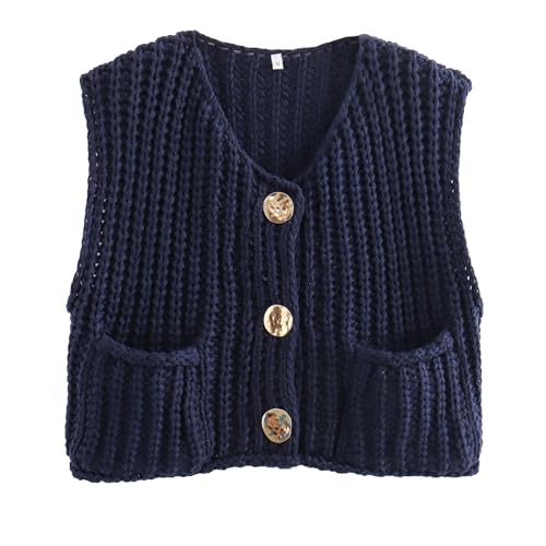 Image of Ainangua Sleeveless Cropped Cardigan for Women Casual Chunky Knit Tank Tops Button Down Open Front Sweater Vest with Pockets