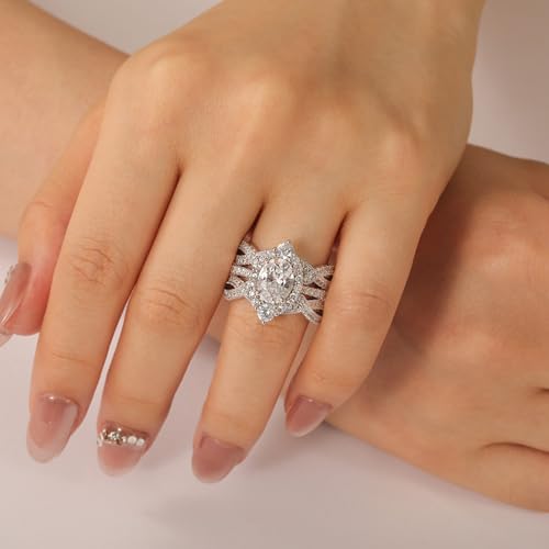 Jeulia 2PCS Interchangeable Engagement Ring Set for Women Silver Halo 3.95ct Pear Cut Twist Band 14K White Gold Plated Wedding Promise Eternity Ring Band for Her with Jewelry Gift Box3