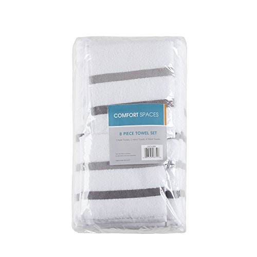 Comfort Spaces Cotton 8 Piece Bath Towel Set Striped Ultra Soft Hotel Quality Quick Dry Absorbent Bathroom Shower Hand Face Washcloths, Multi-Sizes, Zero Twist Charcoal 8 Piece #TOP6