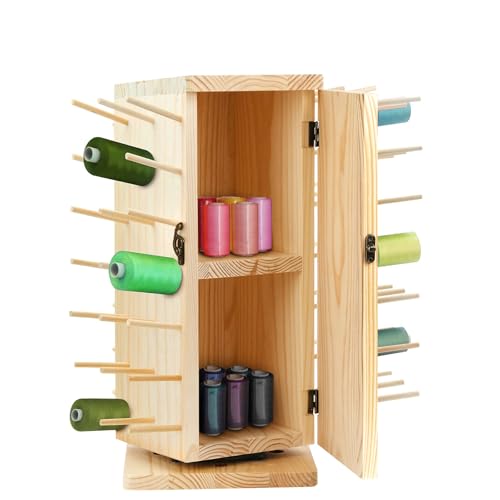 84-Spool Wooden Thread Holder Stand â€“ 360Â° Rotating Thread Organizer for Sewing, Embroidery & Braiding â€“ Natural Beech Wood Thread Rack with Secret Storage â€“ Fits Mini King Spools