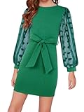 ALLIFly Girls Dresses 11-12 Years Old Green Dress for Girls Long Sleeve Vintage Fall Winter Dress Self Belted Dress