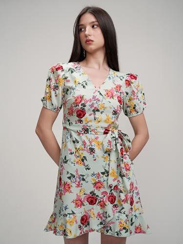 Image of Tokyo Talkies Women's Elegant Puff Sleeve Playful Mini Dress | Flowy | Feminine Silhouette for Effortless Grace | Floral Print