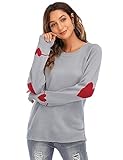 shermie Women's Red Elbow Patch Cute Heart Sweaters Long Sleeve Crew Neck Knitted Pullover (Grey,Small)