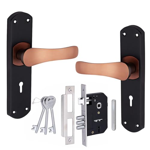 Image of Milton Iron Mhi - R-300 Mortise Lock Set with Rose Copper Handle, Black Plate, 200mm Length, 125mm Handle, Keyhole Design, Complete with Keys and Hardware