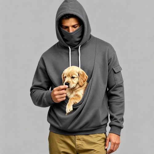 Mens Pet Pouch Hoodie Drawstring Pullover Fleece Hood Face Mask Sweatshirt - image 2