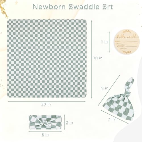 Image of TANOFAR 4-Pack Newborn Swaddle Blanket for Baby Girls & Boys, Ultra Soft Receiving Blankets with Matching Headband and Beanie Set Baby Nursery Swaddle Wrap, Grey Green Checkerboard