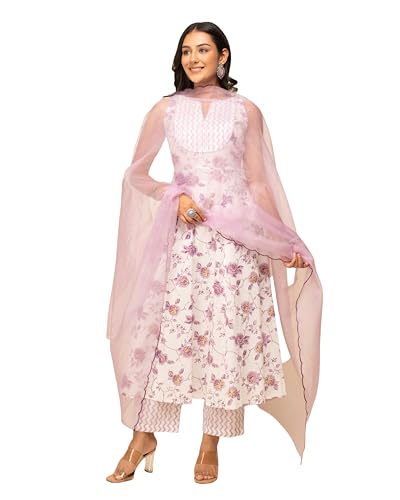 Image of FIORRA Women's White Cotton A-line Kurta with Pant and Dupatta