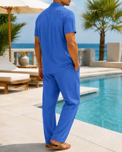 Image of Men's 2 Piece Sets Summer Beach Outfits Button Down Shirt Casual Loose Pant Sets