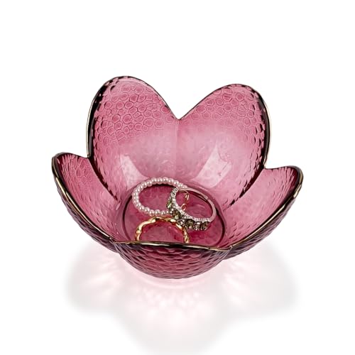ZUFECY Plato para anillos de cristal morado, bandeja de pétalos de flores con ribete dorado, cuenco decorativo de 3.5 pulgadas para tocador, mesita de noche o baño, exhibición de joyas y organizador