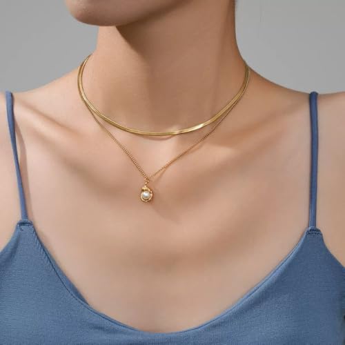 NEKVFO Women's Double Layer Snake Chain Necklace with Pearl Pendant - Elegant Stackable Jewelry Set, Fashionable Boho Chic Accessory for Women4