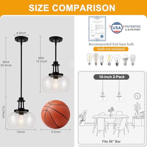Image of Modern Pendant Lights Kitchen Island, Matte Black Pendant Light Fixtures with 10 inch Clear Glass Shade, Industrial Hanging Pendant Lights Fixture for Kitchen Island, Dining Room, Bedroom, Foyer, Entryway