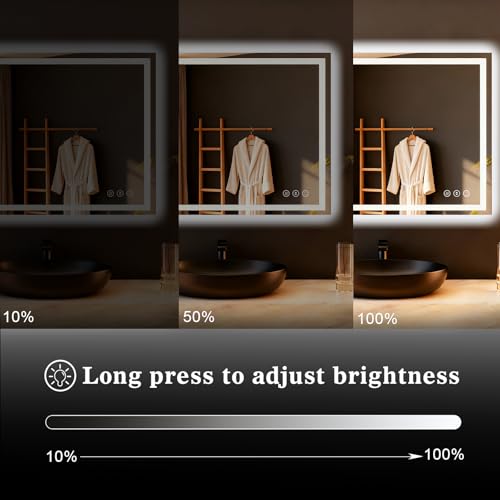 Image of WTTY LED Bathroom Mirror 55 inchx30 inch with Back and Front Light,Modern LED Mirror for Bathroom,Stepless Dimmable Lighted Bathroom Vanity Mirror with Anti-Fog,Memory Function,Shatter-Proof
