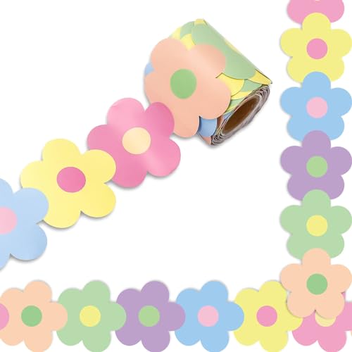 Image of Whaline 32.8 Ft Pastel Flower Bulletin Board Borders Retro Colorful Boho Floral Die-Cut Rolled Bulletin Board Trim for Back to School Classroom Office Decor