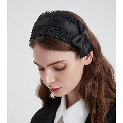 Blessi Women's Fashion Lace Satin Headband Lolita Gothic With Bow Handmade Hair Band Costume Accessories (Black) #TOP1