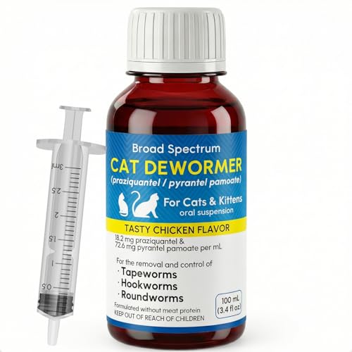 Liquid Dewormer for Cat and Kittens Praziquantel and Pyrantel Pamoate Oral Suspension Broad Spectrum Removes Roundworm Hookworm Tapeworm Includes 3ml Dosing Syringe (100ml)