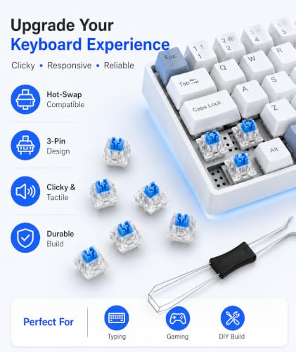 Image of 40PCS Keyboard Switches, Blue Mechanical Switches with Key Puller, Compatible with Gaming and Office Keyboards, Tactile Clicky 3-Pin Design for Typing and PC Builds