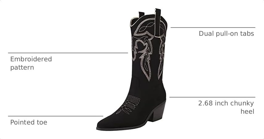 Image of Reitoye Cowboy Boots Women Knee High Cowgirl Embroidered Chunky Heel Boots | Block Chunky Heel,Pointed Toe,Half Side Zipper & Pull Tab,Embroidered Tall Boots,Fall Summer Spring Winter Dress Long Boots