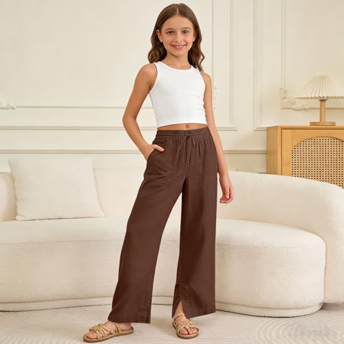 Image of Girls Linen Pants Wide Leg School Uniform Pants Cozy Elastic Waist Summer Casual Beach Lounge Trousers with Pockets